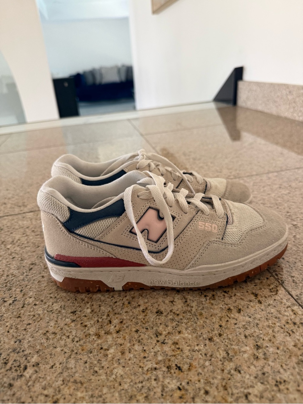 New Balance Kids 550 Sneakers in Beige with Pink and Navy Accents